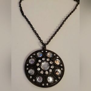 VINTAGE ESTATE bronze toned necklace Large Circle Pendant Cz Crystal Rhinestones